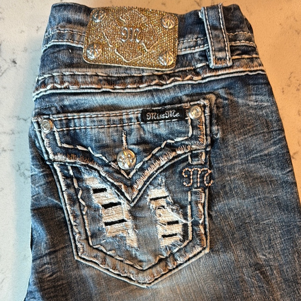 Miss Me Distressed Blue Jeans with Silver Accents